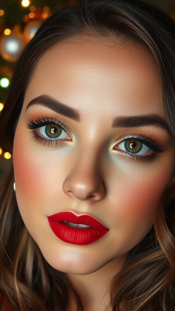 Festive makeup look for brown eyes with warm tones and shimmer, featuring a model with a red lip and glowing cheeks.
